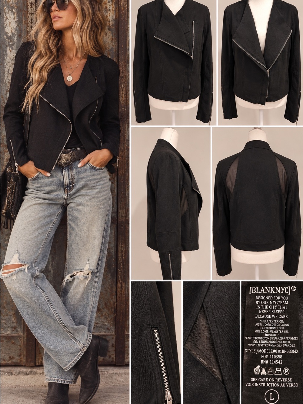 BLANKNYC Black Cotton Moto Jacket Mesh Panel Asymmetrical Zip L - Picture 2 of 9